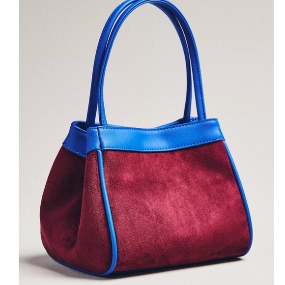 Anthropologie Handbags - ANTHROPOLOGIE WINE SUEDE BAG WITH COBALT BLUE TRIM